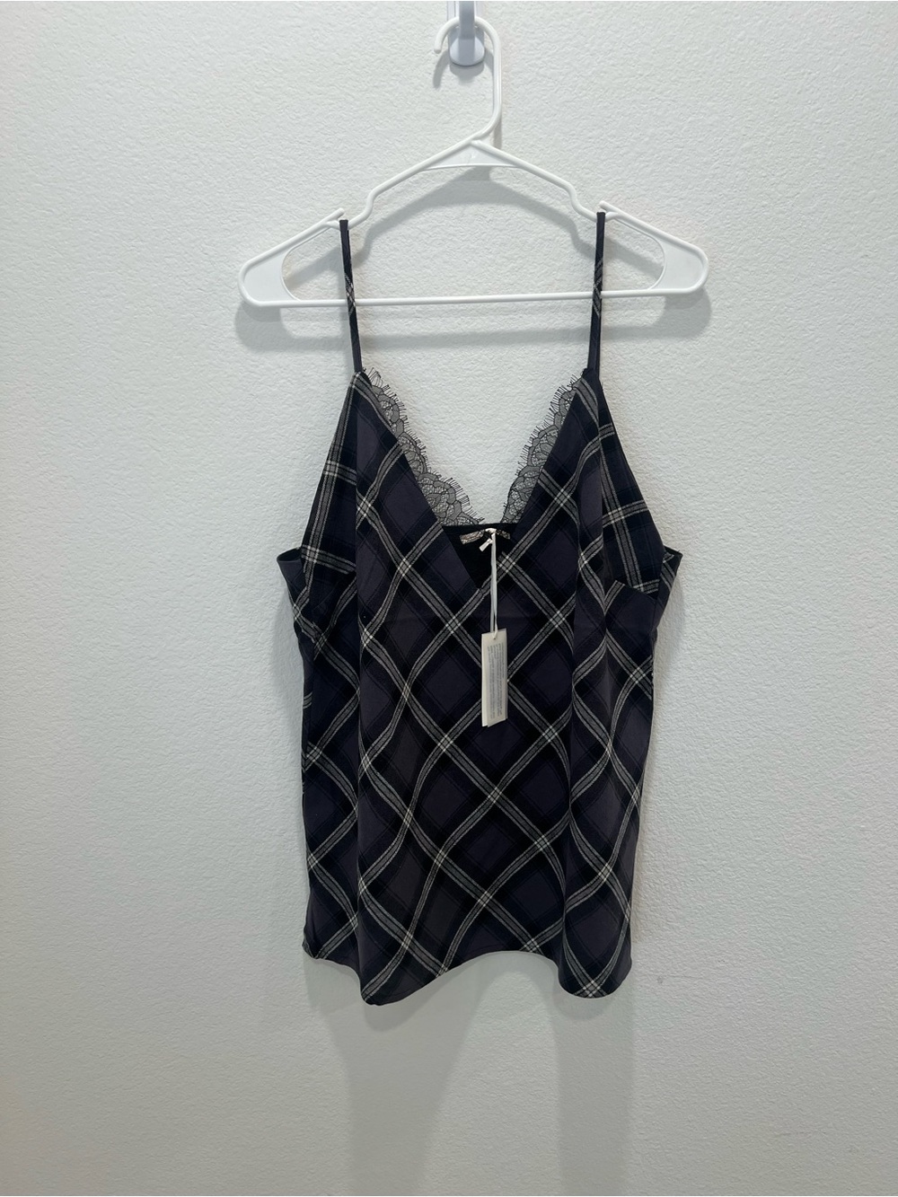Lace Trim Plaid Cami Top - Black by Gold Hawk Size L